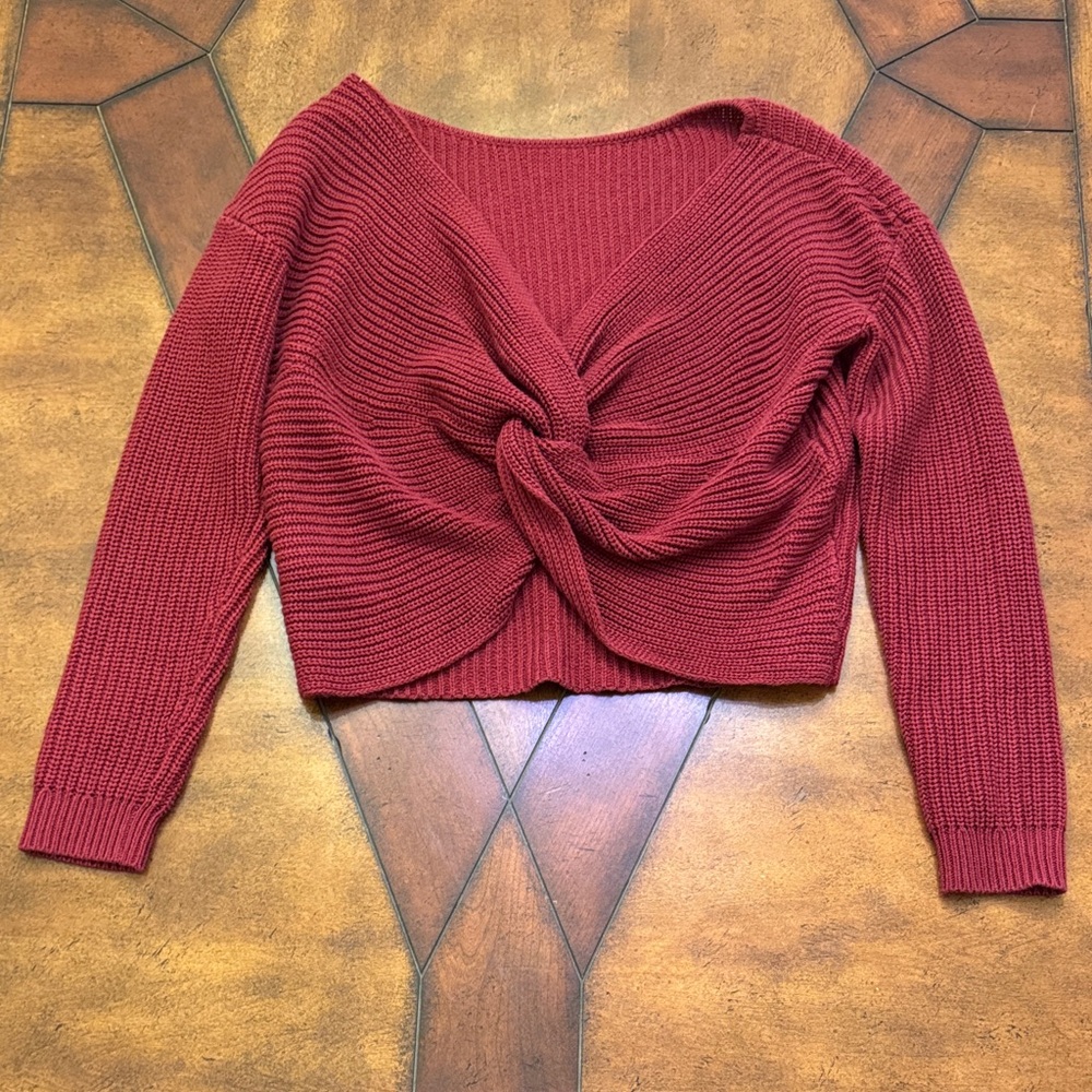 Roxy Deep Red V-Neck Sweater with Twist Detail